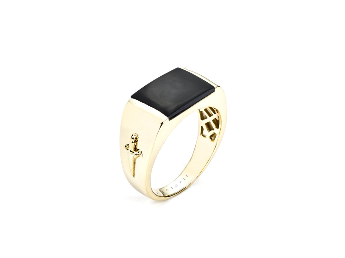 Anello Uomo Cesare Paciotti Argento 925 Spadino Dorato Squadrato Pietra Onice Nero JPAN2400G/24