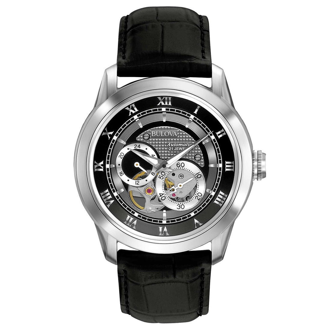 Orologio Uomo Bulova Automatico Sutton Acciaio Pelle Open Heart Nero 96A135