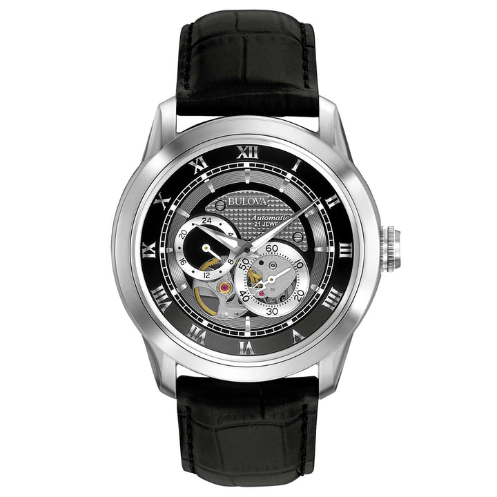 Orologio Uomo Bulova Automatico Sutton Acciaio Pelle Open Heart Nero 96A135