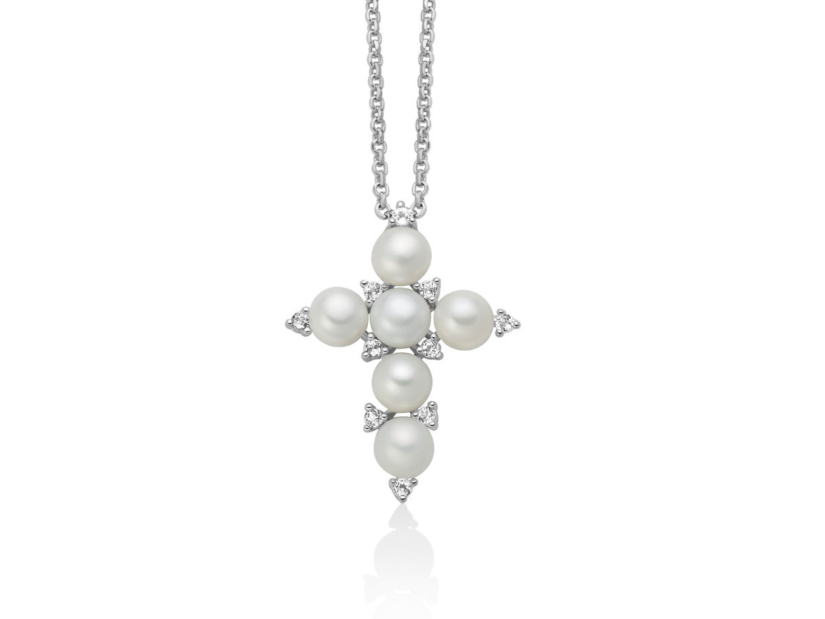 Collana Donna Miluna Perle Argento 925 Croce Pietre Topazio Bianco PCL6714