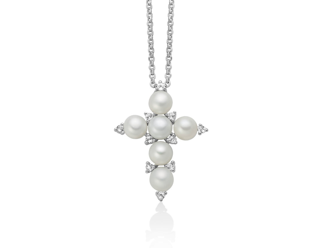 Collana Donna Miluna Perle Argento 925 Croce Pietre Topazio Bianco PCL6714