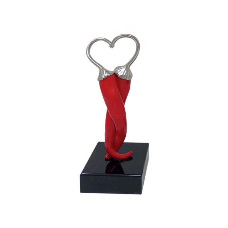 Scultura Peperoncino Abbraccio Rosso Argento Piccolo 14 cm Base Nera BPP0341
