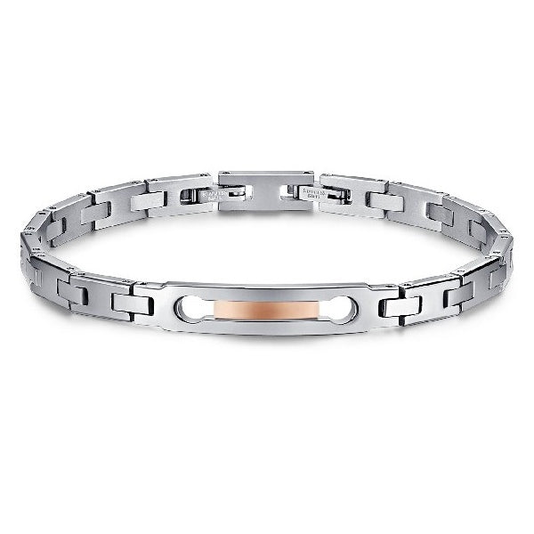 Bracciale Uomo Arkano Semirigido Acciaio Lucido Bicolore Rosè Targhetta BAC37R