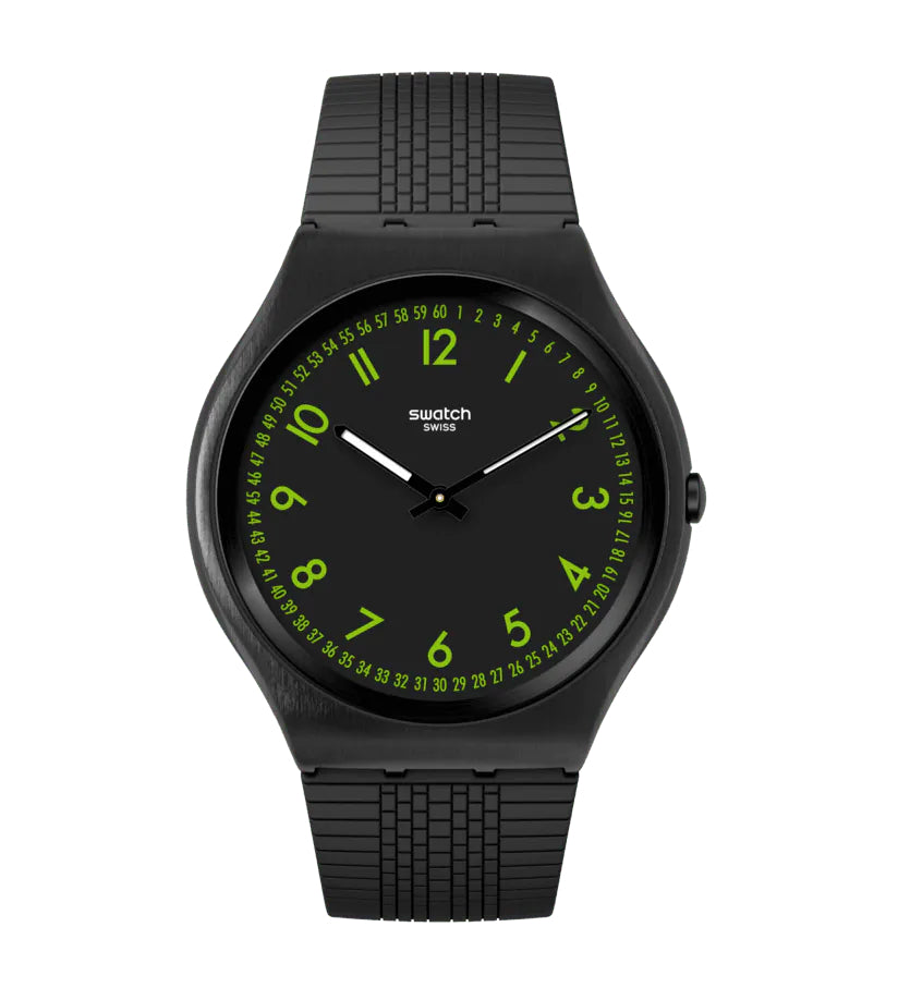 Orologio Uomo Swatch Quarzo Skin Nero Solo Tempo Numeri Verde Brushed Green SS07B108