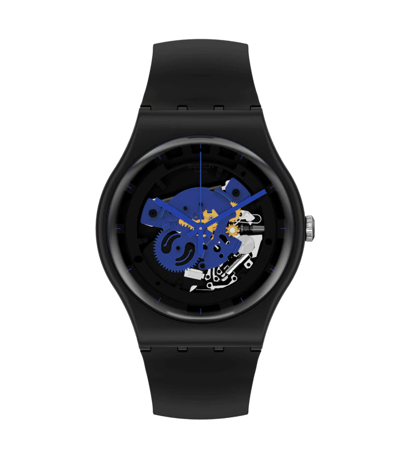 Orologio Uomo Swatch Quarzo Bioceramic Time To Blue Big Scheletrato Nero SO32B109