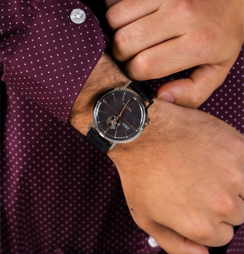 Orologio Uomo Bulova Automatico Aerojet Open Heart Pelle Nero Acciaio Grigio 98A187
