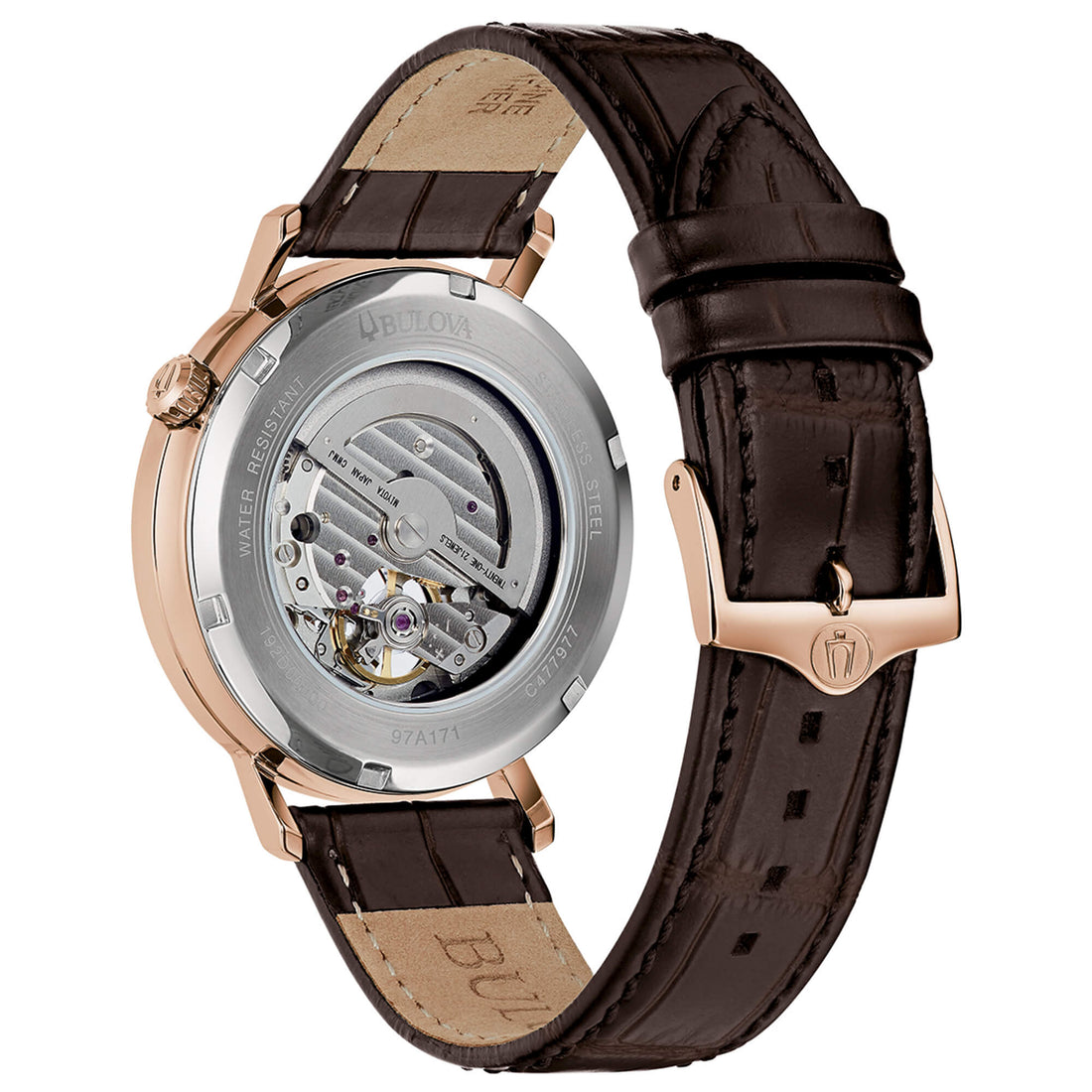 Orologio Uomo Bulova Automatico Aerojet Pelle Marrone Acciaio Rosè Open Heart 97A171