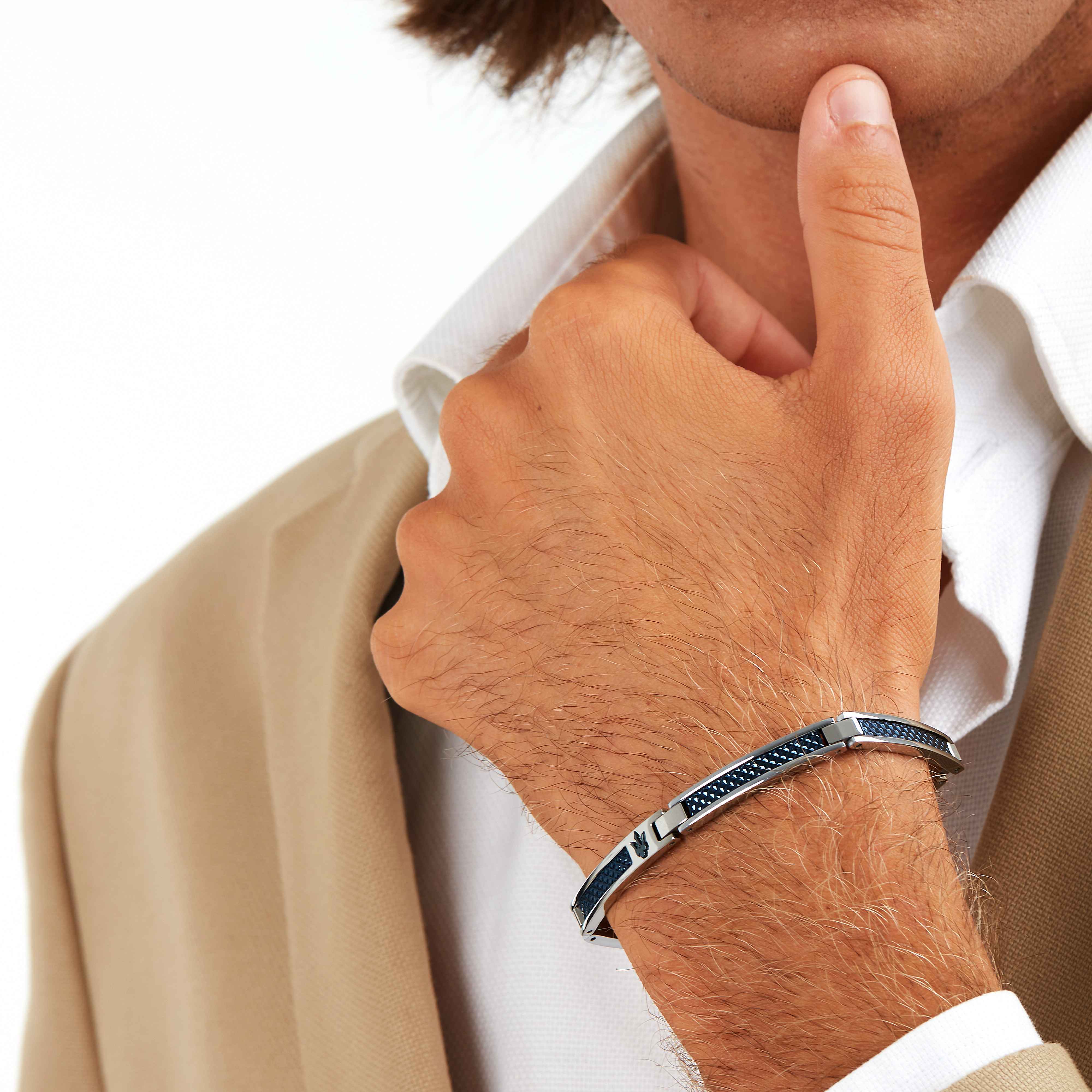 Bracciale Uomo Maserati Acciaio Borchie Logo PVD Blu JM523AVD33