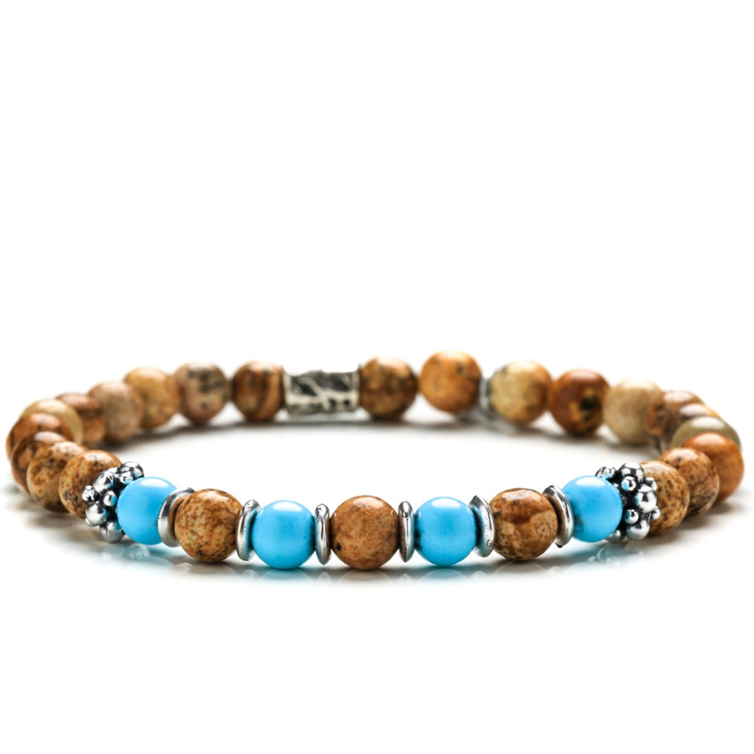 Bracciale Unisex Gerba Argento 925 Elastico Pietre Turchese Legno Fossile COD.289