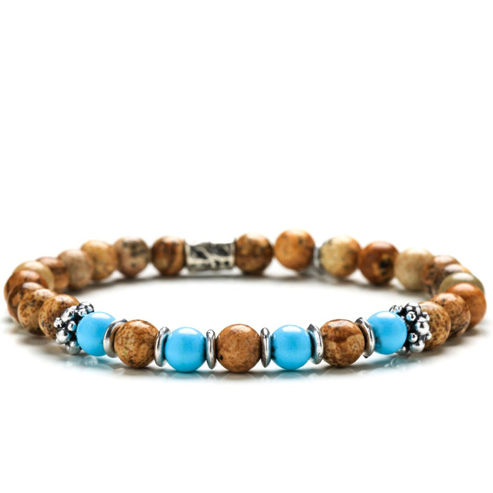Bracciale Unisex Gerba Argento 925 Elastico Pietre Turchese Legno Fossile COD.289