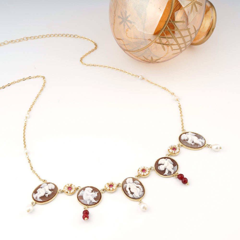 Collana Donna Cameo Italiano Argento Dorato 925 Girocollo Angeli Zirconi C909-G