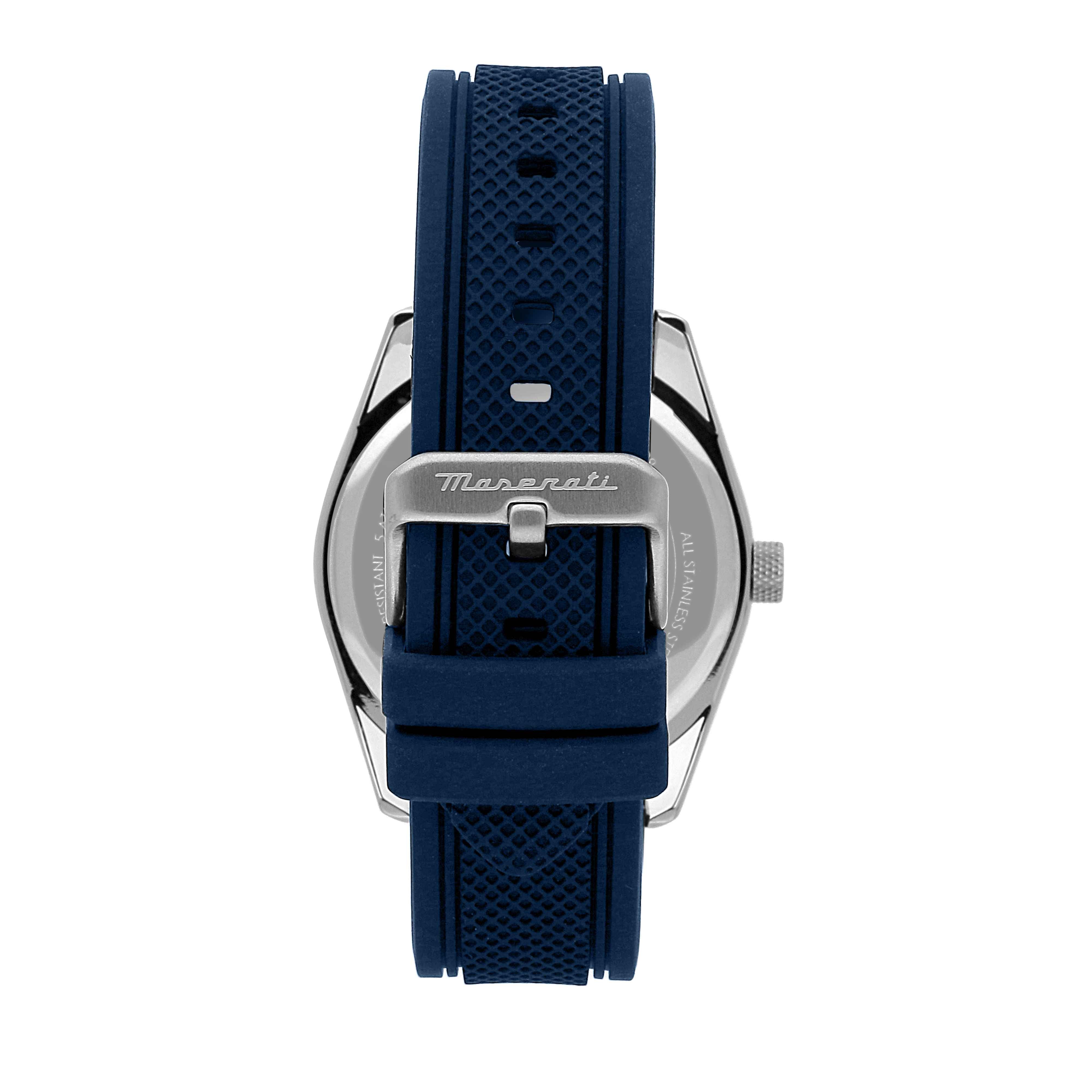Orologio Uomo Maserati Acciaio Quarzo Solo Tempo Data Bianco Gomma Blu R8851151007