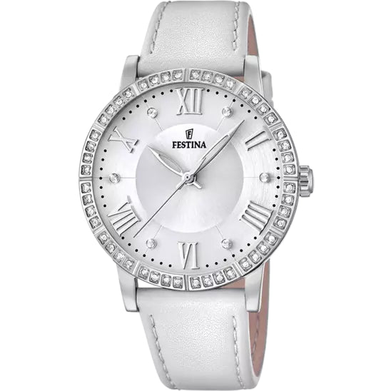 Orologio Donna Festina Acciaio Pelle Zirconi Quarzo Solo Tempo Bianco F20412/1