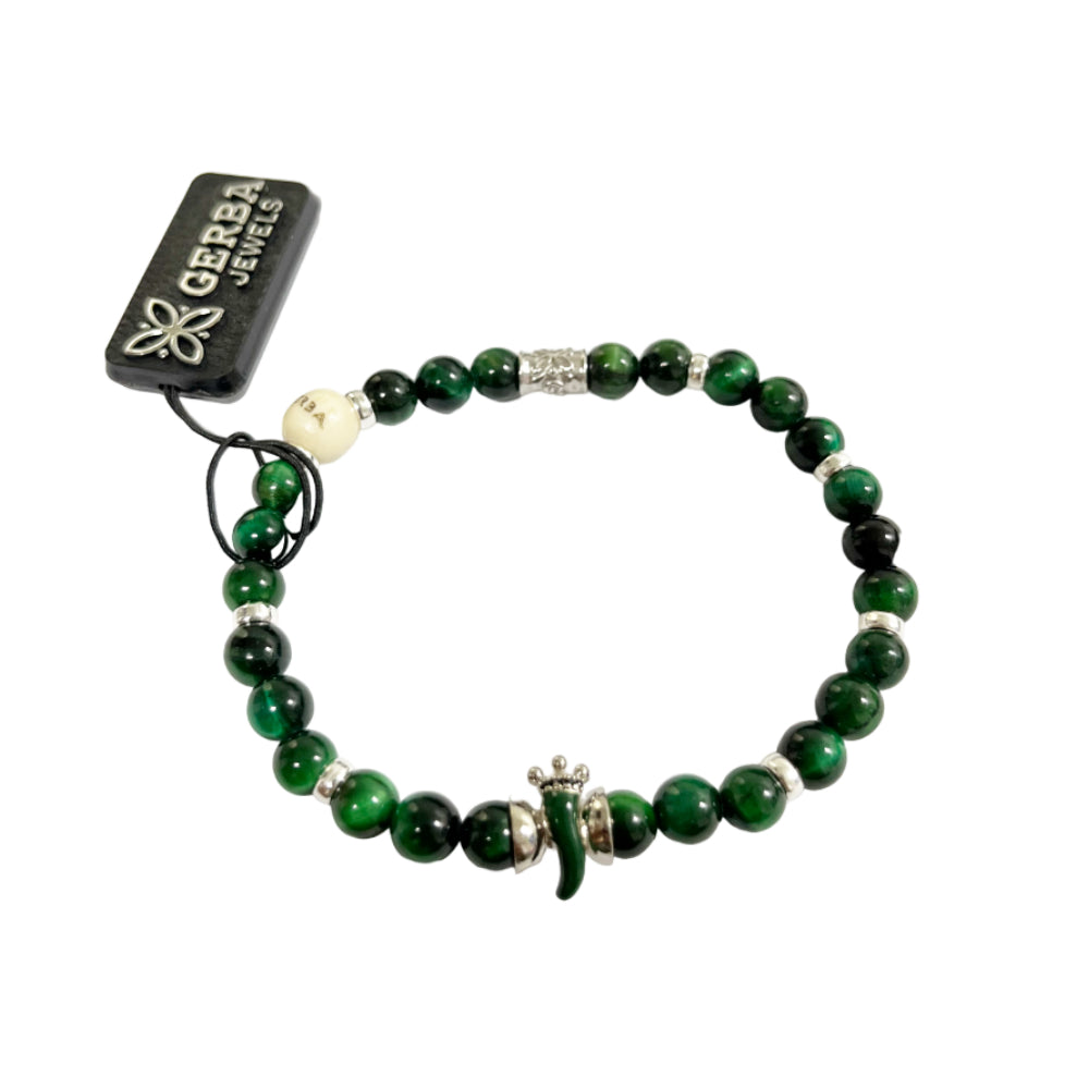 Bracciale Unisex Gerba Argento 925 Elastico Pietre Verdi Corno Porta Fortuna HORN19EL