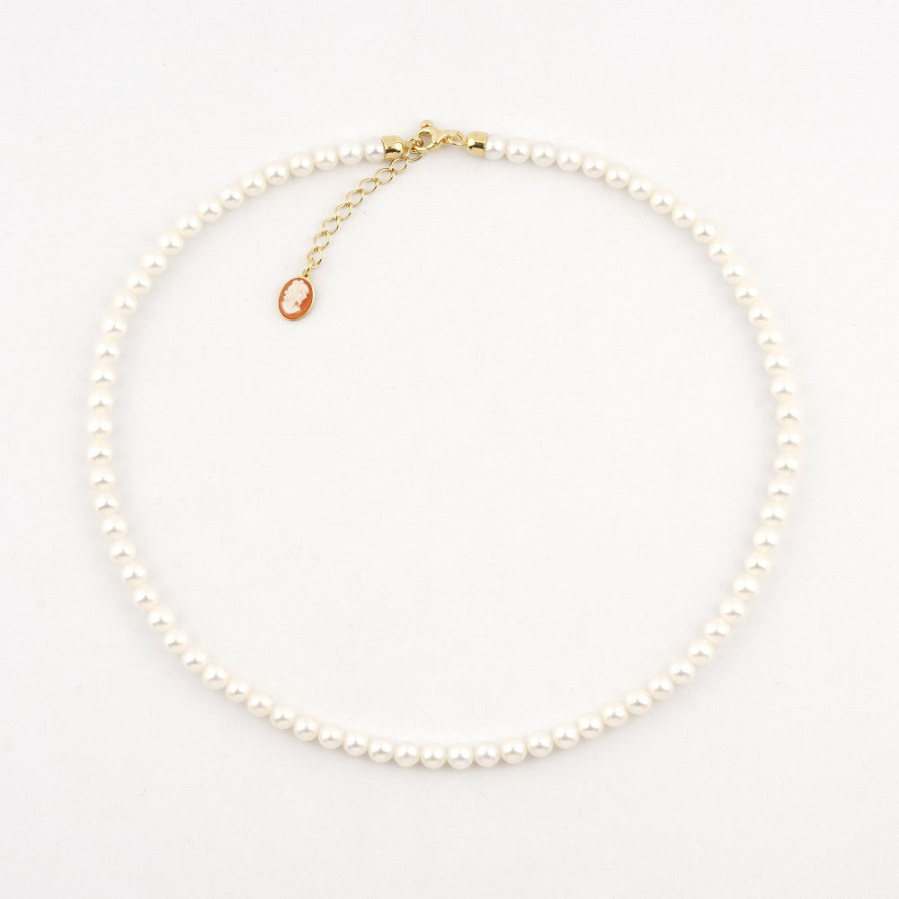 Collana Donna Cameo Italiano Argento Dorato 925 Girocollo Perle Bianche CP4555-G