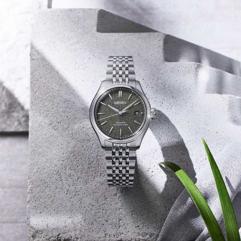 Orologio Uomo Seiko Presage Automatico Verde Seta Acciaio Data SPB465J1