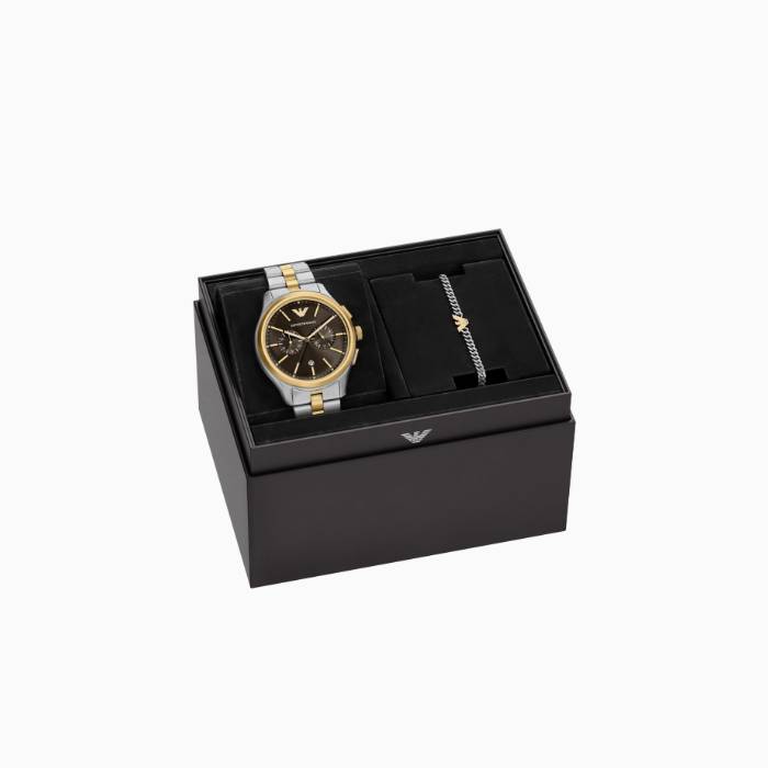 Orologio Uomo Emporio Armani Cronografo Set Bracciale Quarzo Marrone Acciaio Bicolore Data AR80084SET