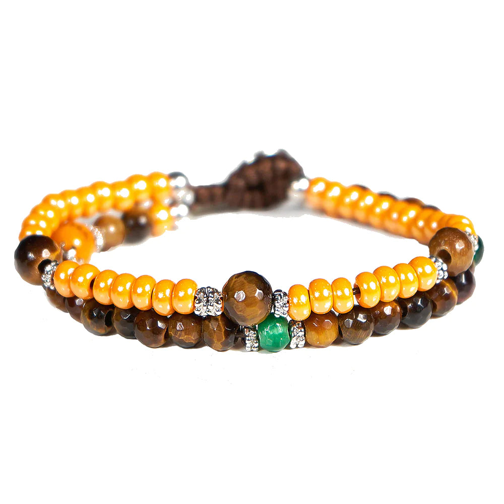 Bracciale Unisex Gerba Argento 925 Doppio Giro Pietre Marroni Murrine Arancio DW09