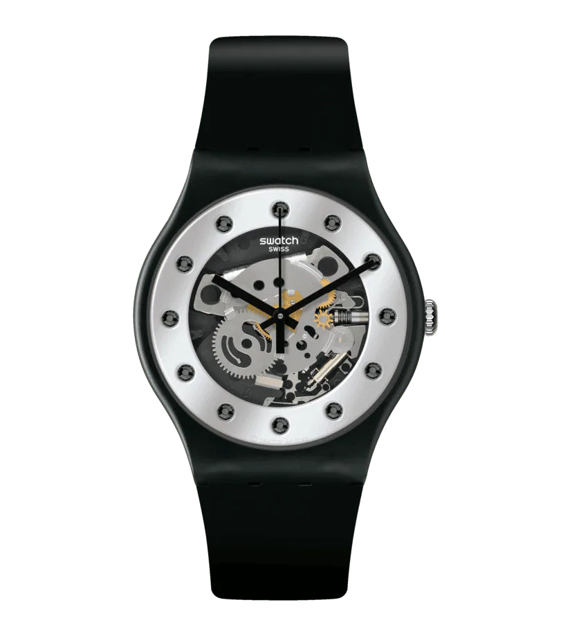 Orologio Uomo Swatch Quarzo Solo Tempo Silver Glam Scheletrato Nero SO29B109