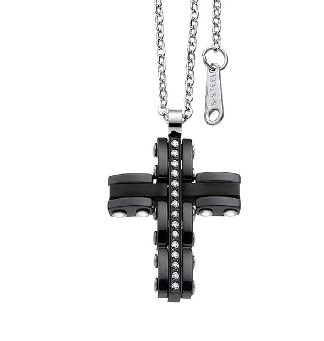 Collana Uomo Zancan Acciaio Croce PDV nero con Pietre bianche UHC001