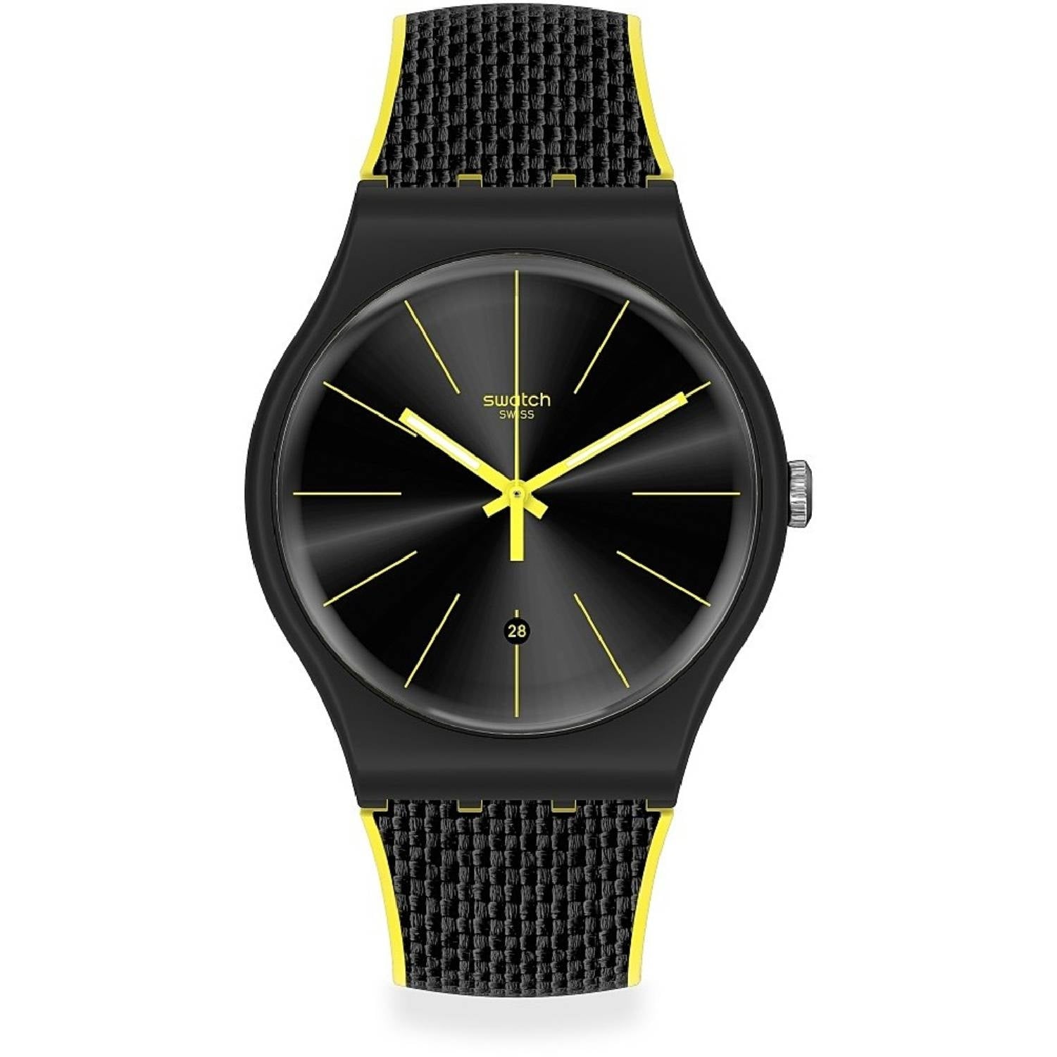 Orologio Uomo Gomma Resina Swatch Quarzo Solo Tempo Data Nero Giallo SUOB406