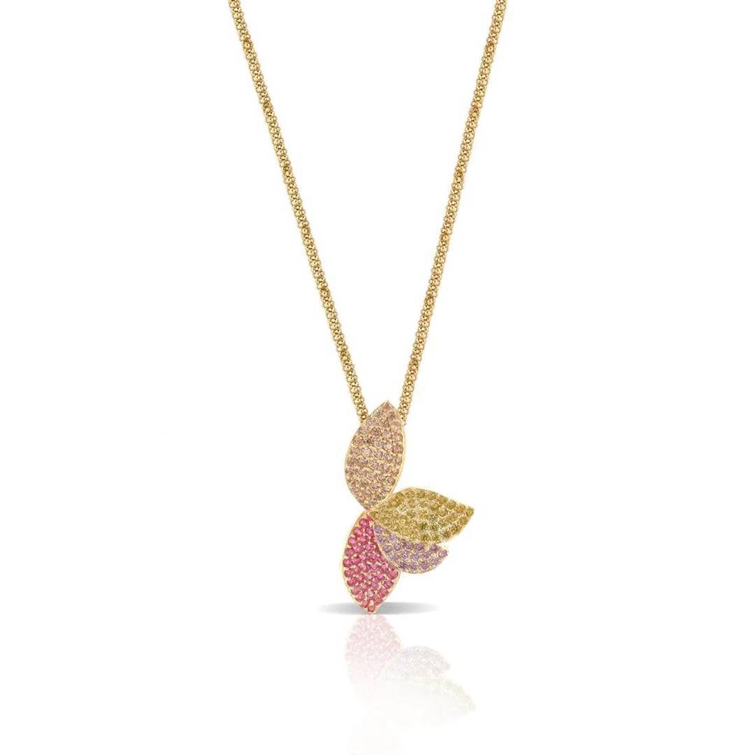 Collana Donna Argento 925 Dorato Petali Fiore Zirconi Gialli Rosa CL087GM