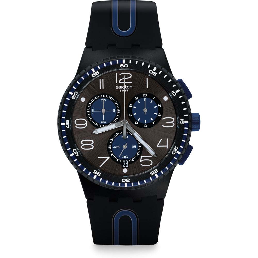 Orologio Uomo Swatch Kaicco Quarzo Cronografo Data Blu Nero SUSB406