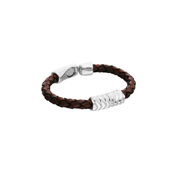 Bracciale Uomo Uno De 50 Pelle Intrecciata Marrone Dettaglio Placcato Argento PUL2632MARMTL0L