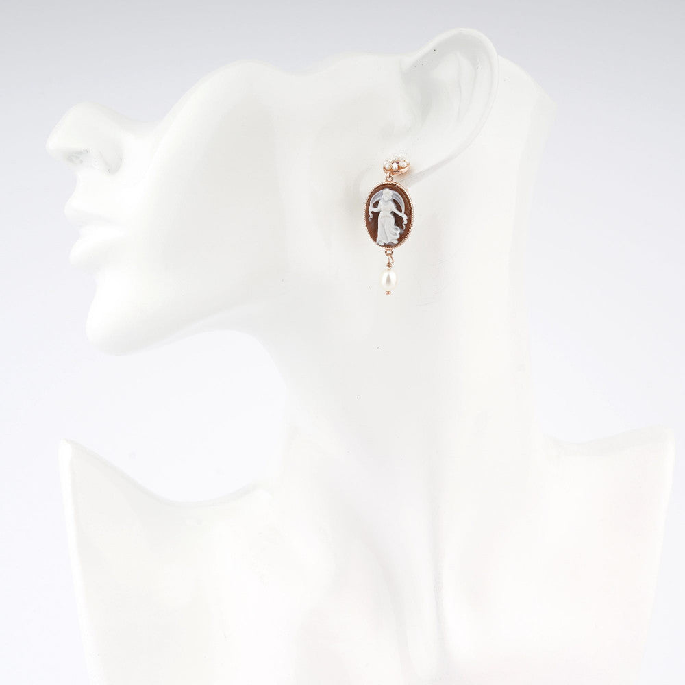 Orecchini Donna Cameo Italiano Argento Rosè 925 Donna Incisa Cammeo Marrone O909-R