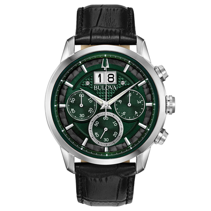 Orologio Uomo Bulova Quarzo Cronografo Sutton Big-Date Acciaio Pelle Nero 96B310