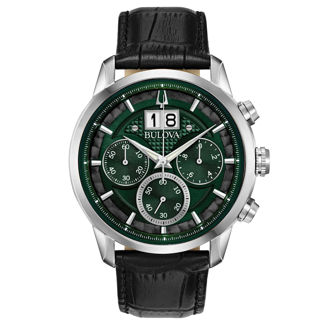 Orologio Uomo Bulova Quarzo Cronografo Sutton Big-Date Acciaio Pelle Nero 96B310
