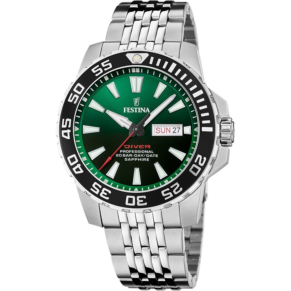 Orologio Uomo Festina Diver Quarzo Solo Tempo Acciaio Doppia Data Verde F20661/2