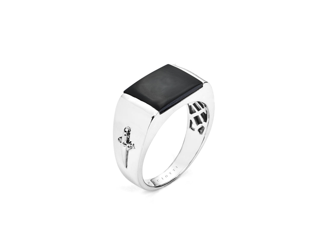 Anello Uomo Cesare Paciotti Argento 925 Spadino Squadrato Pietra Onice Nero JPAN2399/26