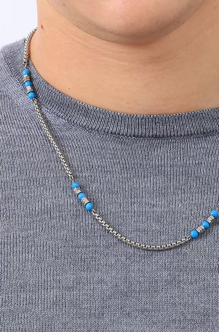 Collana Uomo 4US Cesare Paciotti Acciaio Lucido Catena Biglie Blu Cobalto 4UCL4066