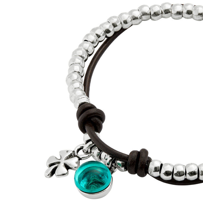 Bracciale Donna Uno De 50 Sfere Placcato Argento Cuoio Cristallo Murano Verde PUL2529VRDMTL0M