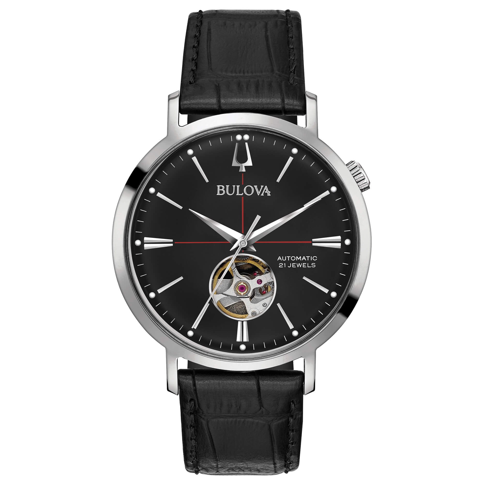 Orologio Uomo Bulova Automatico Aerojet Open Heart Pelle Nero Acciaio 96A201