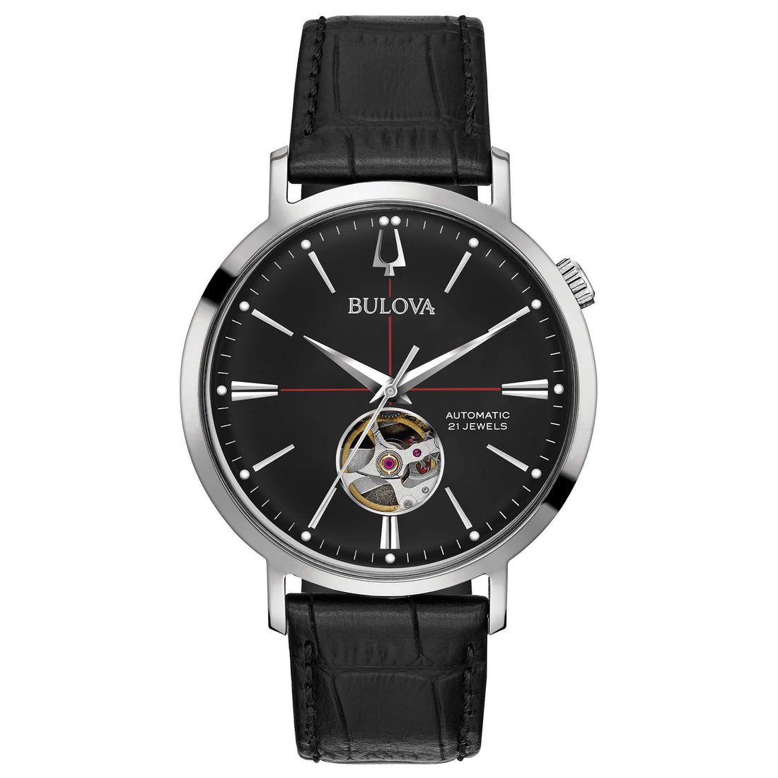 Orologio Uomo Bulova Automatico Aerojet Open Heart Pelle Nero Acciaio 96A201