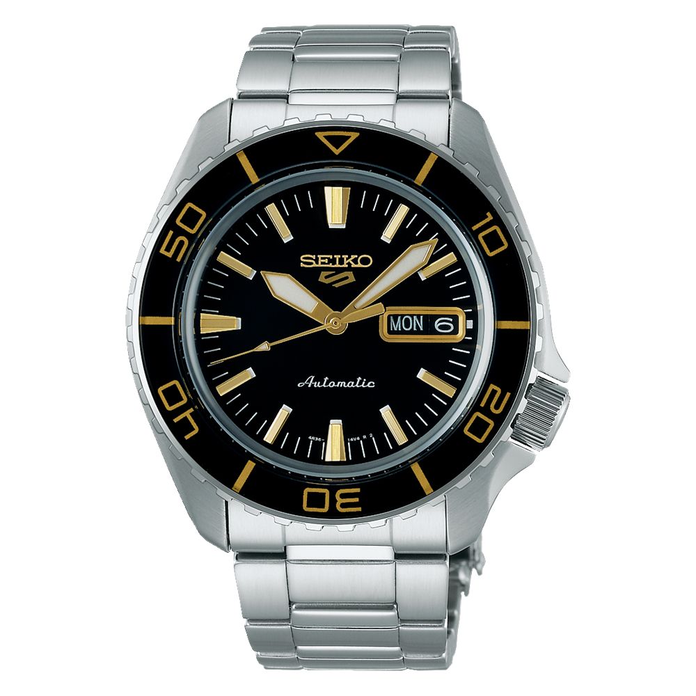Orologio Uomo Seiko 5 Automatico Nero Dorato Acciaio Doppia Data SRPK99K1