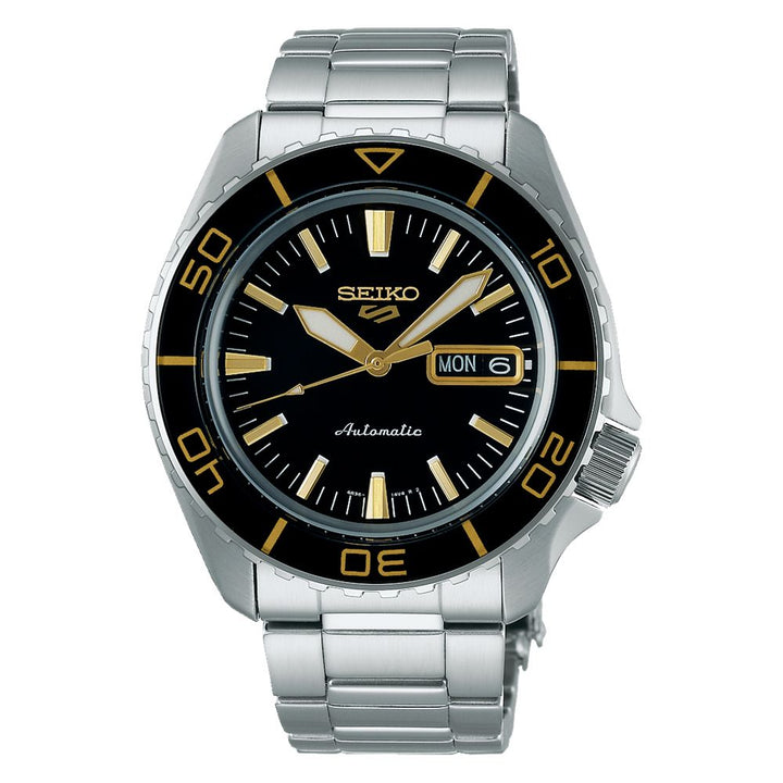 Orologio Uomo Seiko 5 Automatico Nero Dorato Acciaio Doppia Data SRPK99K1