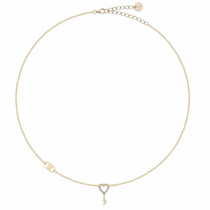 Collana Donna Liu Jo Argento 925 Dorato Pendente Chiave Cuore Zirconi Bianchi ALJ338
