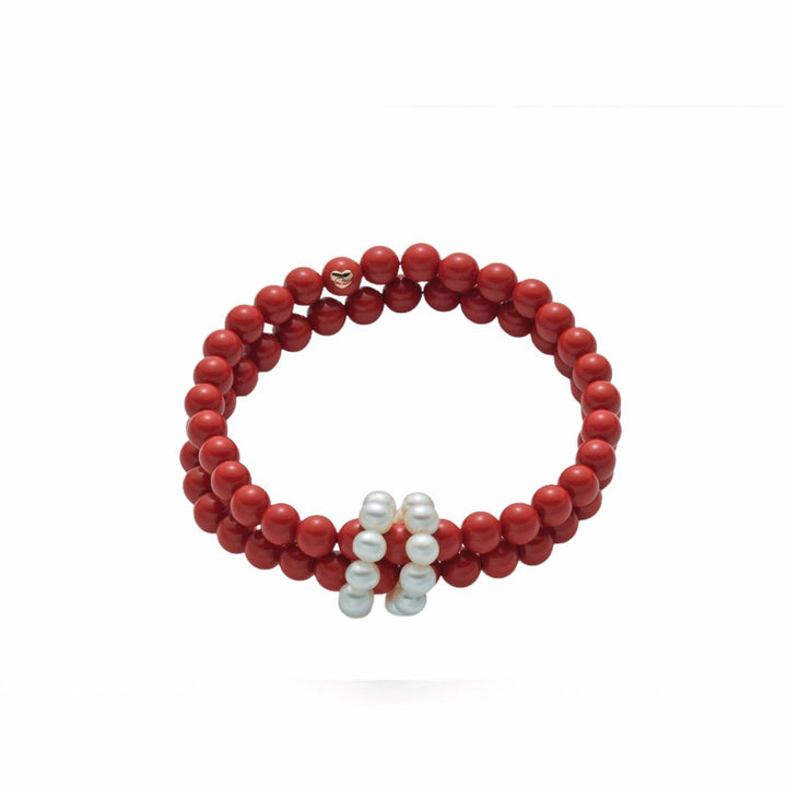 Bracciale Donna Elastico Miluna Doppio Filo Agglomerato Corallo E Perla PBR2219
