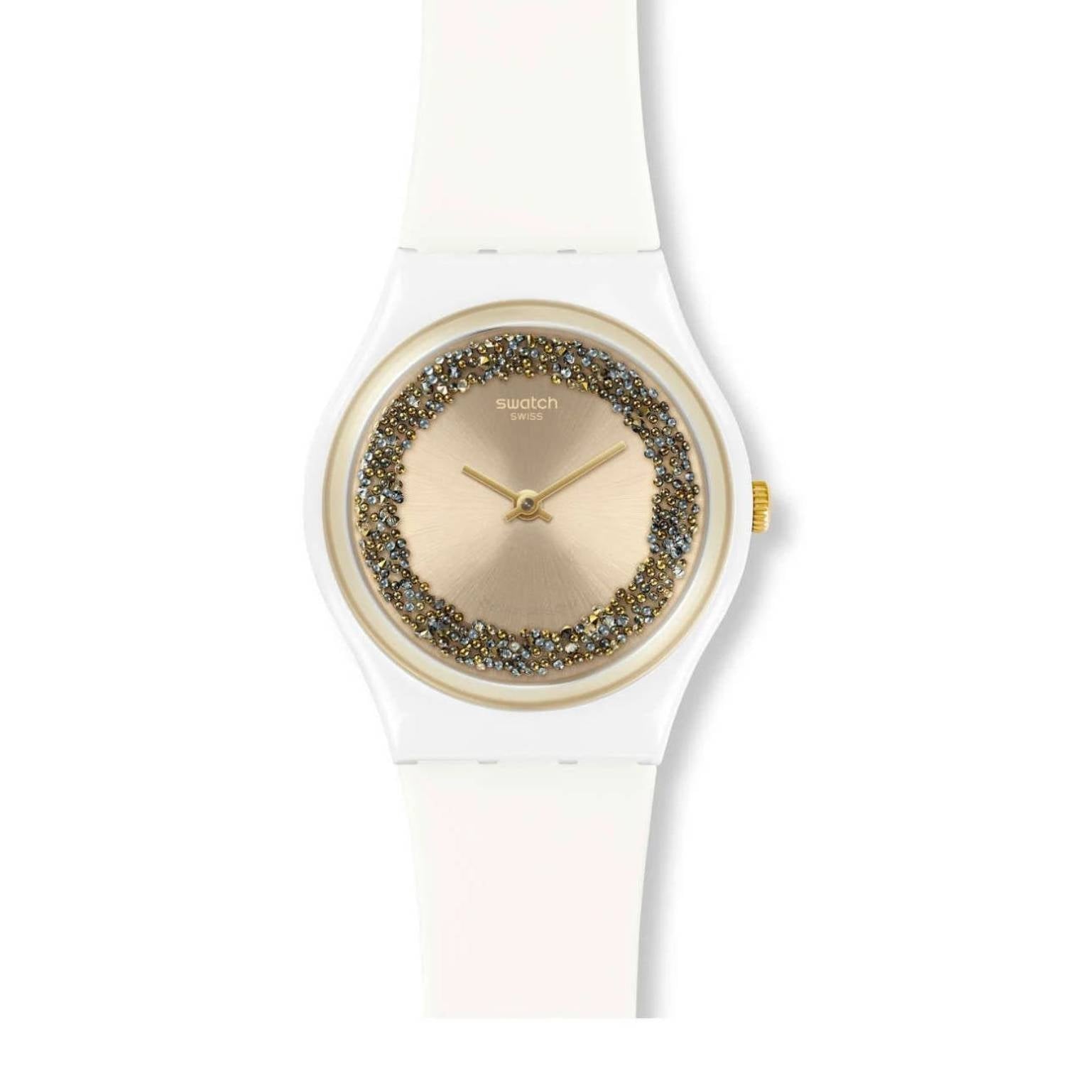 Orologio Donna Gomma Resina Swatch Quarzo Solo Tempo Oro Zirconi Bianco GW199