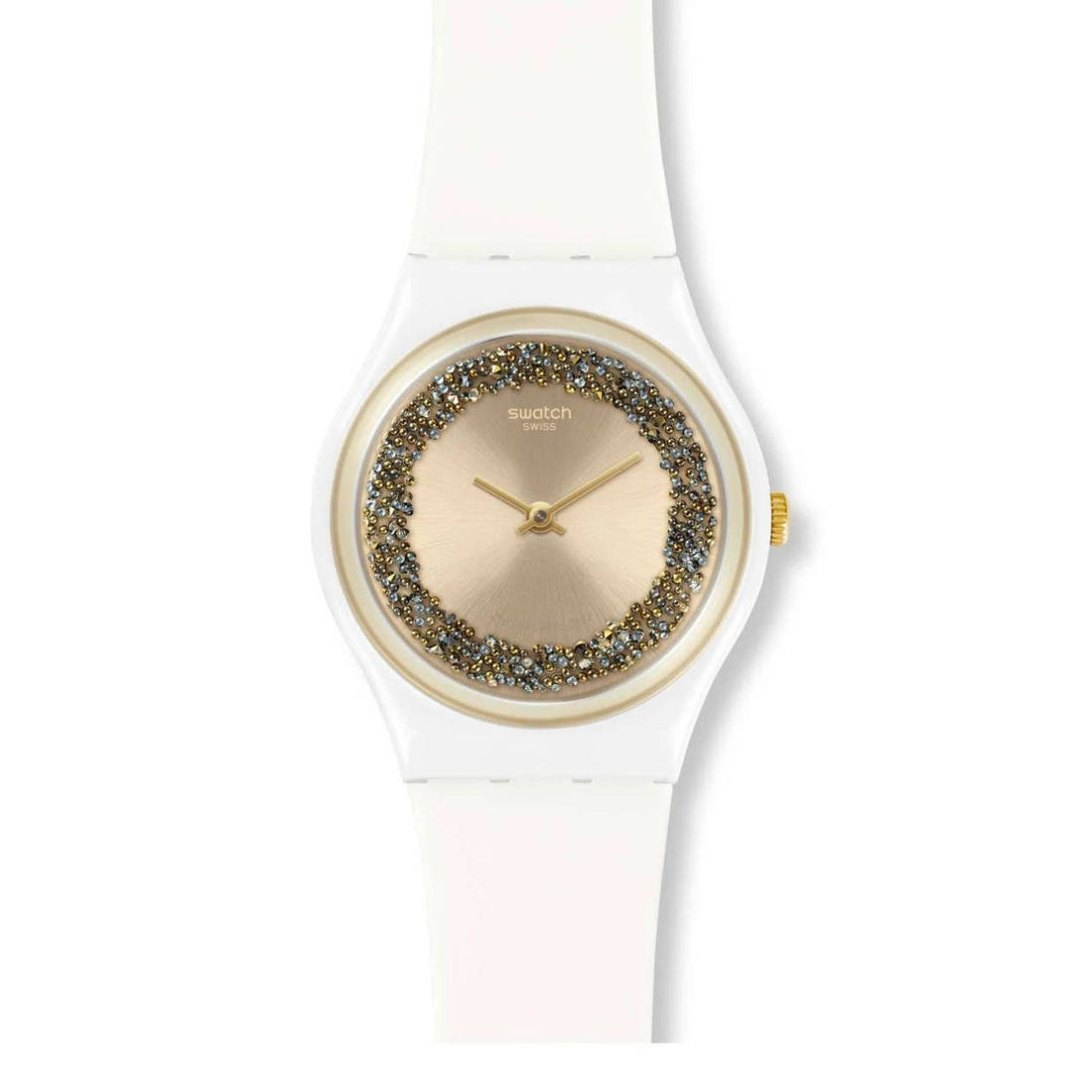 Orologio Donna Gomma Resina Swatch Quarzo Solo Tempo Oro Zirconi Bianco GW199