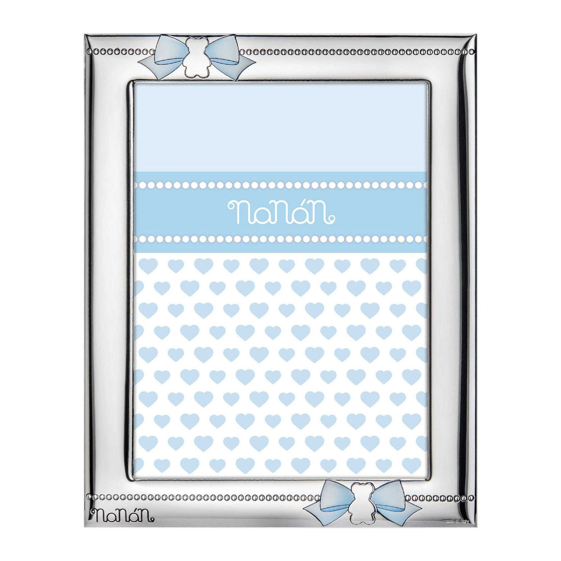Cornice Bambina Nanan Laminato Argento Orsetto Fiocco Smalto Azzurro 9x13 cm NCO0013