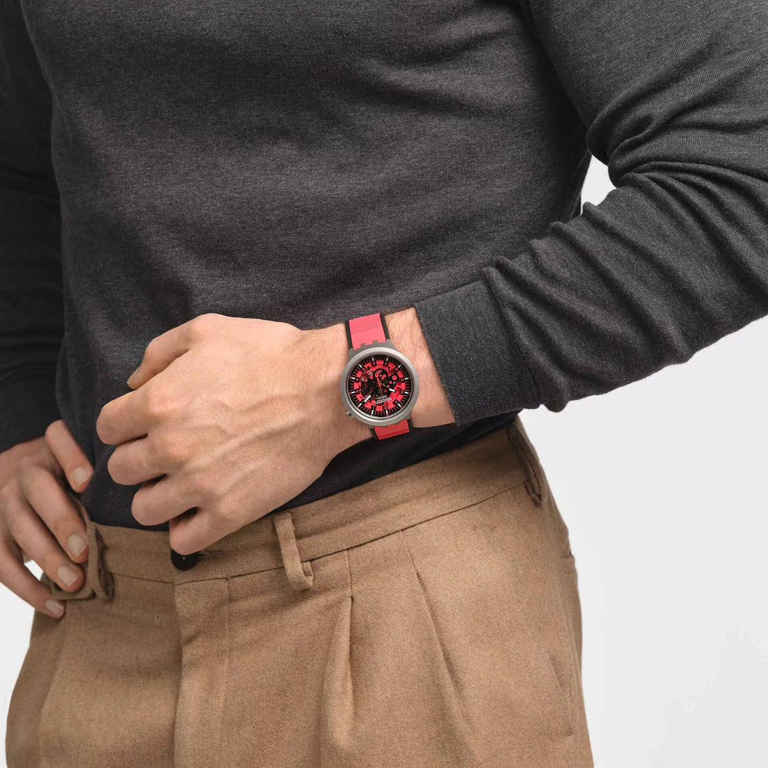 Orologio Uomo Swatch Acciaio Big Bold Red Juicy Gomma Quarzo Scheletrato SB07S110