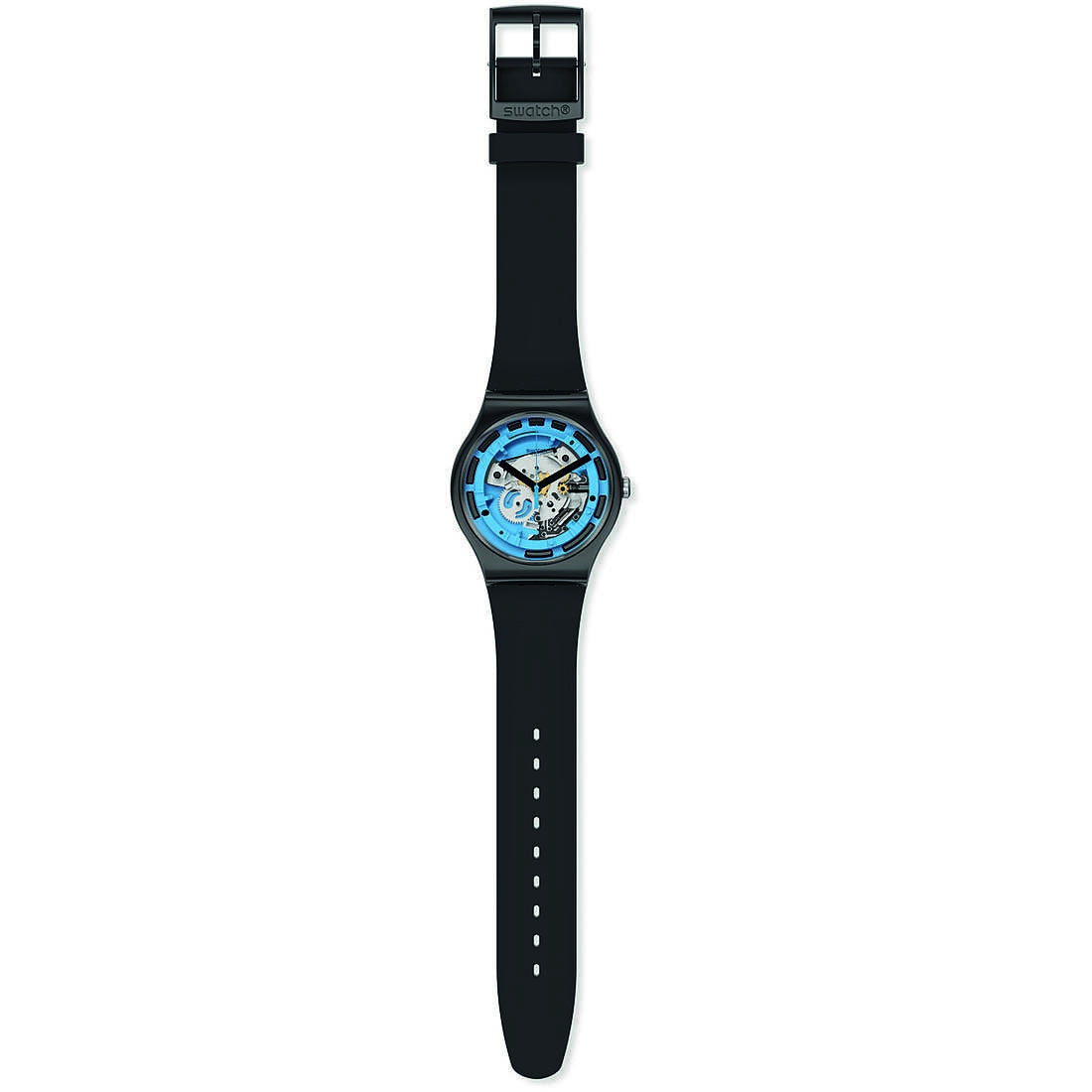 Orologio Uomo Swatch Quarzo Solo Tempo Silicone Nero Scheletrico Blu