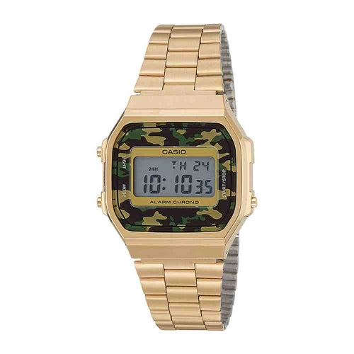 Orologio Uomo Casio Vintage Digitale Quarzo Acciaio Dorato Camouflage A168WEGC-3DF