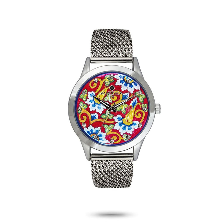 Orologio Donna Mizzica Fiori Quarzo Solo Tempo Cinturino Maglia Milano Argento