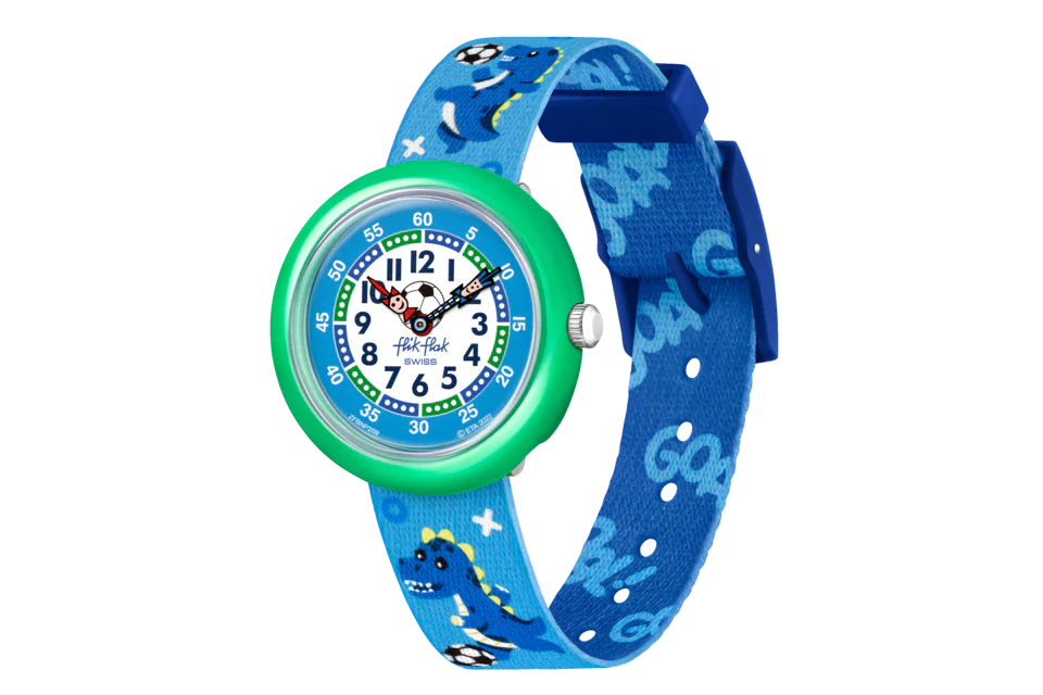 Orologio Bambino Swatch Flik Flak Soccerozaurus Quarzo Solo Tempo Azzurro ZFBNP209