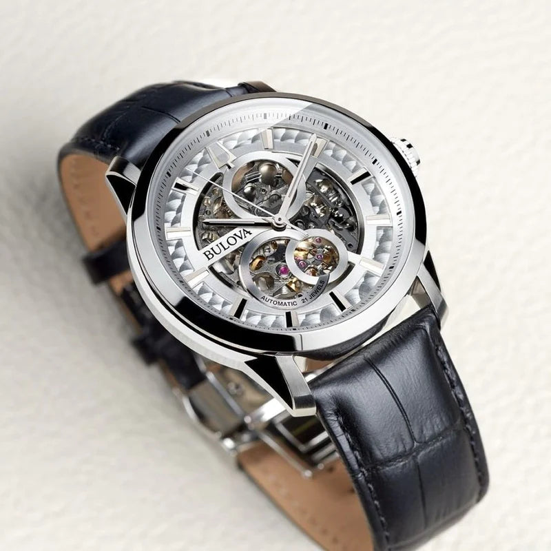 Orologio Uomo Bulova Automatico Sutton Scheleton Pelle Nero Acciaio 96A266